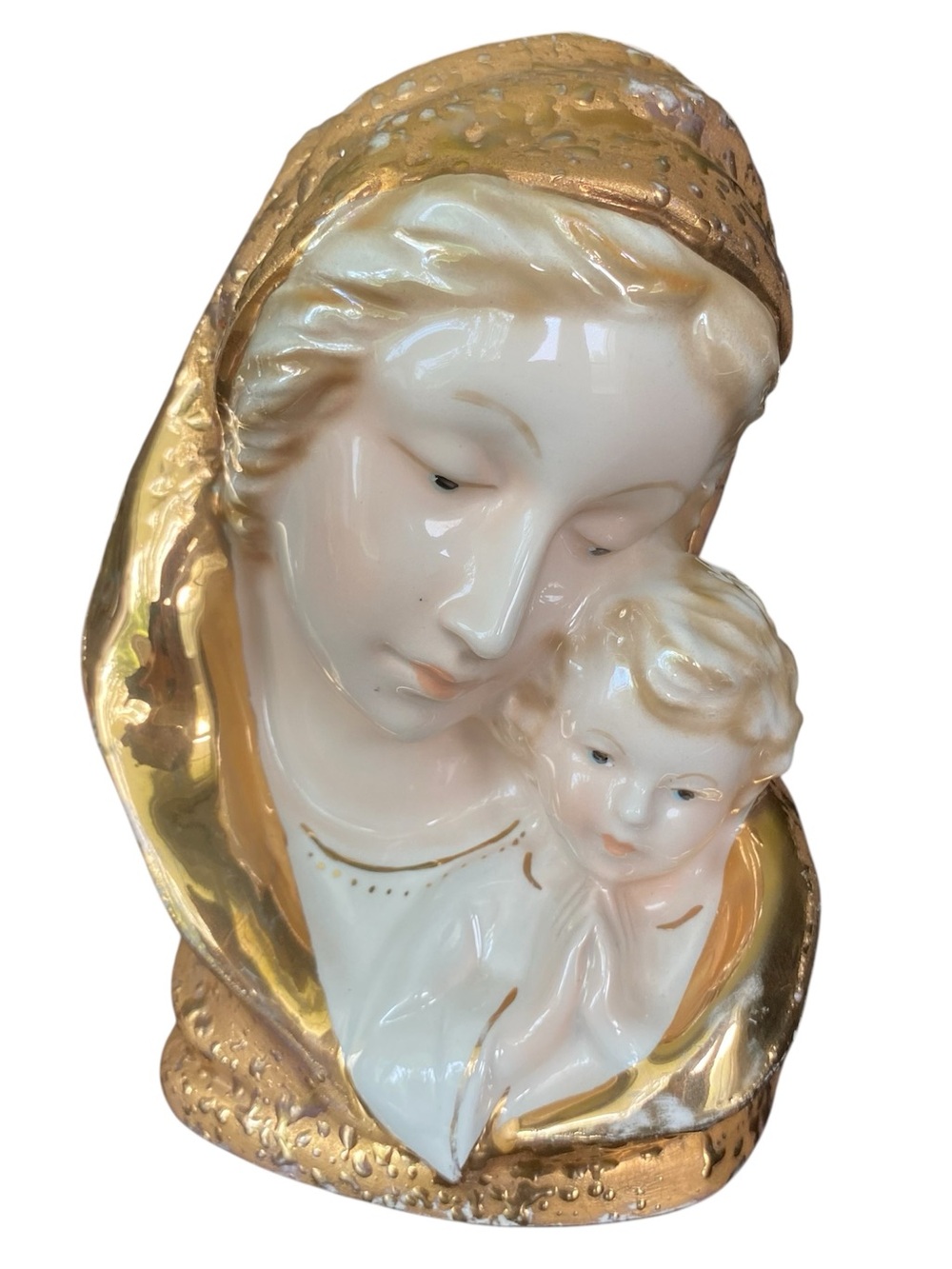 Madonna Child Bust Mary Jesus Porcelain Figurine Gold Textured Vintage Italy